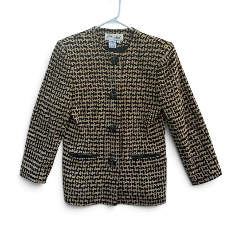 VTG Lauren Alexandra Petites Houndstooth Blazer Womens 10P Wool Rayon Tan Black